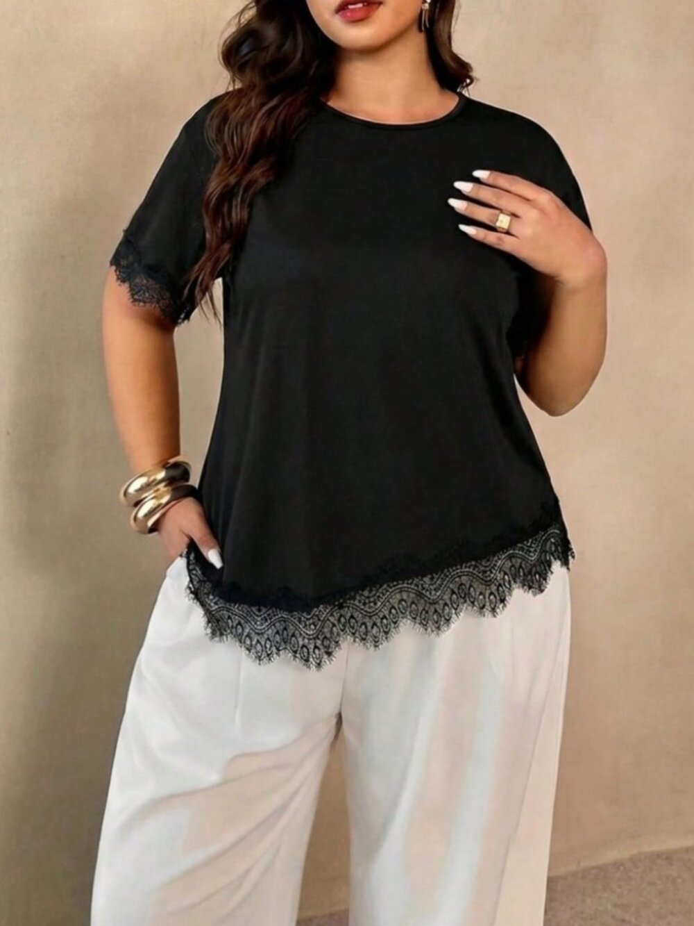 Black Lace Trim Scoop Neck Tee